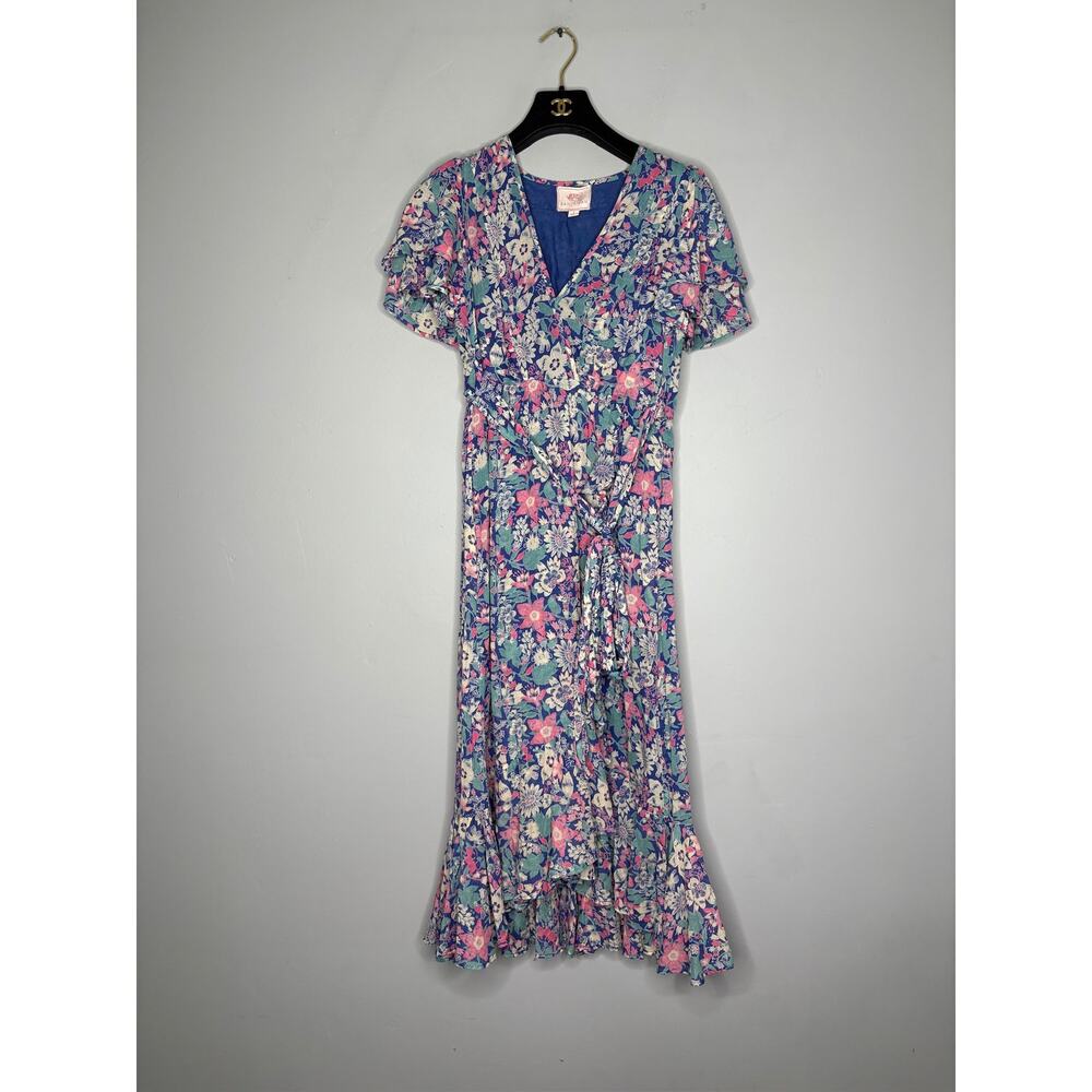 Banjanan Women's Size Small Navy Blue Floral Short Sleeve Maxi Dress BOHO Chic